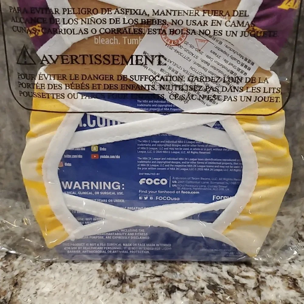 NBA LA Lakers Face Masks one pack of 2 masks